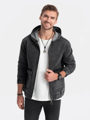 Kurtka jeansowa męska katana z kapturem i kieszeniami cargo – czarna V4 - Rozmiar: M Ombre Clothing