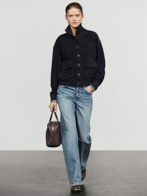 Kurtka Łączona Ze Skóry Zamszowej - Granatowy - Massimo Dutti - Female