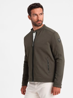 Kurtka męska o kroju biker ze strukturalnego materiału – ciemnooliwkowa V1 OM-JANP-0138
 -                                    S Ombre