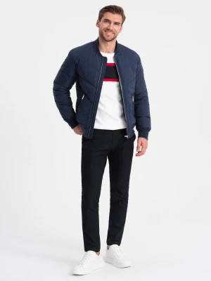 Kurtka męska bomberka pikowana z metalowymi zamkami - granatowa V2 Ombre Clothing