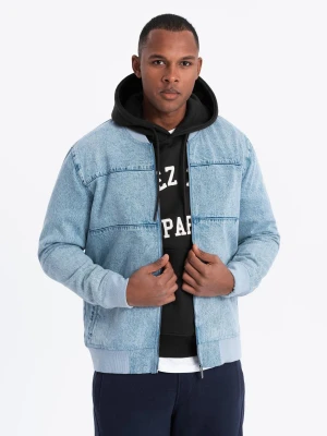 Kurtka męska jeansowa bomberka z efektem stone wash – jasnoniebieska V3 - Rozmiar: L Ombre Clothing