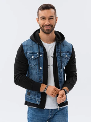 Kurtka męska jeansowa katana z kapturem - niebiesko-czarna Ombre Clothing