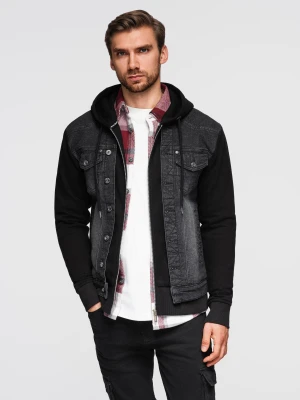 Kurtka męska jeansowa z dzianinowymi rękawami i kapturem – czarna V3 Ombre Clothing