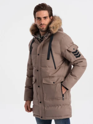 Kurtka męska parka zimowa - jasnobrązowa V6 OM-JALJ-0132
 -                                    M Ombre