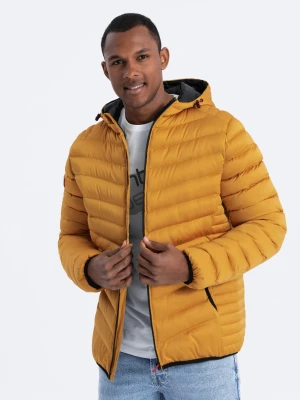 Kurtka męska pikowana o satynowym wykończeniu - musztardowa V18 Ombre Clothing