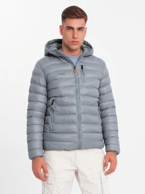 Kurtka męska pikowana z kapturem - szara V2 - Rozmiar: M Ombre Clothing