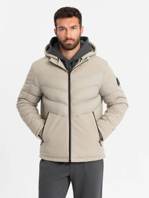 Kurtka męska pikowana z łączonych materiałów z wysokim kołnierzem – beżowa V4 - Rozmiar: L Ombre Clothing