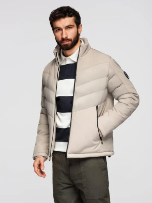 Kurtka męska pikowana z łączonych materiałów z wysokim kołnierzem – beżowa V4 - Rozmiar: XXL Ombre Clothing