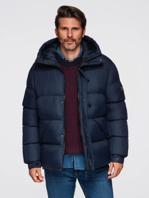 Kurtka męska pikowana z wysoko zapinanym kapturem – granatowa V2 - Rozmiar: L Ombre Clothing