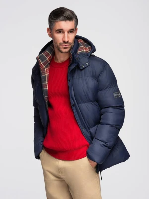 Kurtka męska puffer z podszewką w kratę – granatowa V1 - Rozmiar: L Ombre Clothing