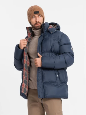 Kurtka męska puffer z podszewką w kratę – granatowa V1 - Rozmiar: S Ombre Clothing