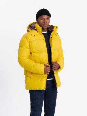 Kurtka męska typu puffer z podszewką w kratę – żółta V3 - Rozmiar: L Ombre Clothing