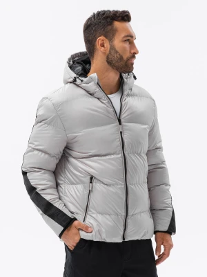 Kurtka męska zimowa pikowana z lampasem - jasnoszara V10 - Rozmiar: M Ombre Clothing
