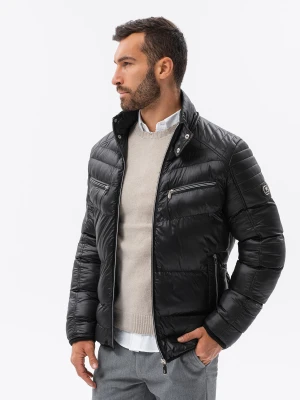 Kurtka męska zimowa pikowana z ozdobnymi zamkami - czarna V1 - Rozmiar: XXL Ombre Clothing