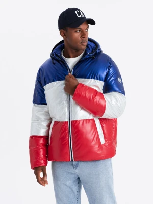 Kurtka męska zimowa trzykolorowa świecąca - granatowa V3 - Rozmiar: L Ombre Clothing