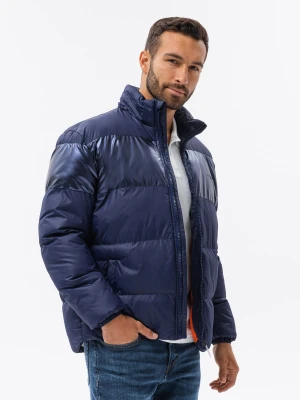 Kurtka męska zimowa z kontrastową podszewką - ciemnoniebieska V1 Ombre Clothing