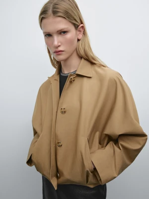 Kurtka Peleryna Oversize Z Mieszanki Bawełny - Wielbłądzi - - Massimo Dutti - Kobieta