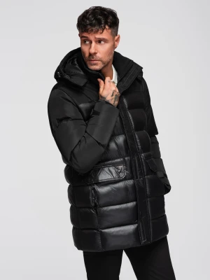 Kurtka pikowana męska z wysokim kołnierzem i kapturem – czarna V1 - Rozmiar: XL Ombre Clothing