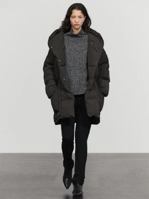 Kurtka Pikowana Z Detalem: Kaptur I Zamsz - Szarobrązowy - Massimo Dutti - Female