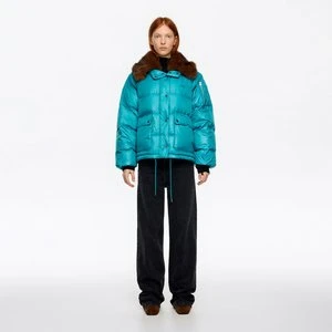 Kurtka puchowa kołnierz sztuczne futerko regulowany dół turkusowe BIMBA Y LOLA