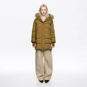 Kurtka puchowa pierze średniej długości kaptur sztuczne futerko ciemny khaki BIMBA Y LOLA