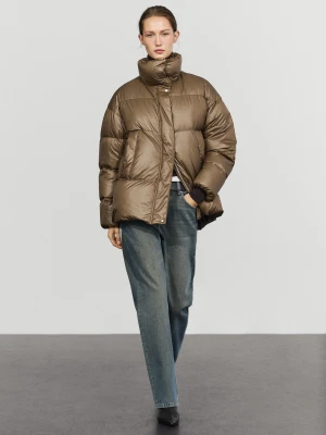 Kurtka Puchowa Z Detalem W Kratę - Wielbłądzi - Massimo Dutti - Female