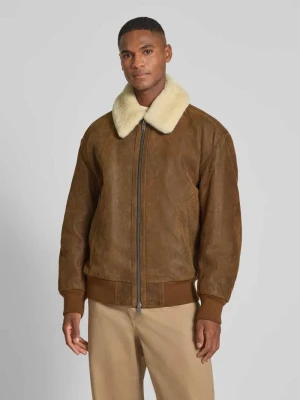 Kurtka skórzana o kroju regular fit z odpinanym kołnierzem z futra jagnięcego model ‘JONIER’ Boss Orange