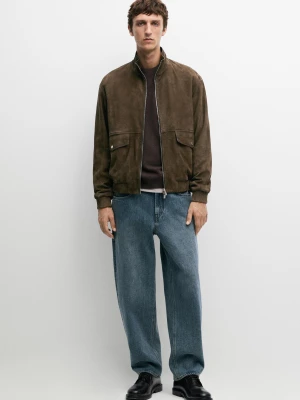 Kurtka Z Kieszeniami, Skóra, Zamsz - Khaki - Massimo Dutti - Male
