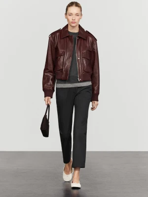 Kurtka Z Kieszeniami Ze Skóry Nappa - Czerwone Wino - Massimo Dutti - Female