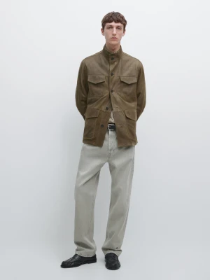 Kurtka Z Koziej Skóry Z Efektem Vintage - Khaki - - Massimo Dutti - Mężczyzna