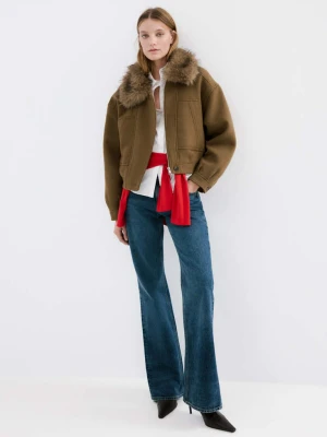 Kurtka z mieszanki wełny z kołnierzem z włosia brązowy - Kobieta - - MANGO