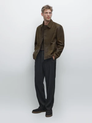 Kurtka Ze 100% Skóry Owczej Z Efektem Zużycia - Zielony - - Massimo Dutti - Mężczyzna