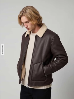Kurtka ze skóry ekologicznej z kołnierzem typu shearling Only & Sons Czekoladowy