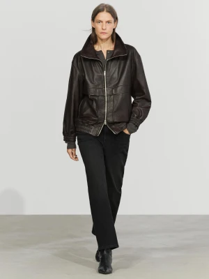 Kurtka Bomberka Ze Skóry Nappa Na Suwak - Brązowy - Massimo Dutti - Female