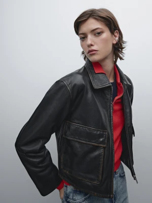 Zdjęcie produktu Kurtka Ze Skóry Nappa Z Efektem Zużycia - Czarny - - Massimo Dutti - Kobieta