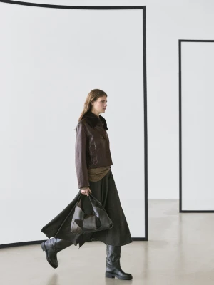 Kurtka Ze Skóry Nappa Z Kołnierzem Z Jagnięcej Skóry - Brązowy - - Massimo Dutti - Kobieta