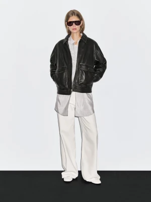 Kurtka Ze Skóry Nappa Z Kołnierzykiem - Czarny - - Massimo Dutti - Kobieta