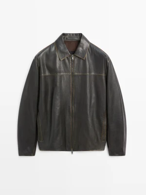 Kurtka Ze Skóry Z Efektem Znoszenia - Brązowy - - Massimo Dutti - Mężczyzna