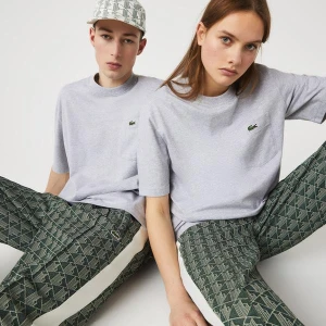 L!Ve Unisex Relaxed Fit Bisiklet Yaka Baskılı Gri T-Shirt Lacoste