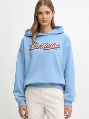 La Mania bluza TAE damska kolor niebieski z kapturem z nadrukiem TAE