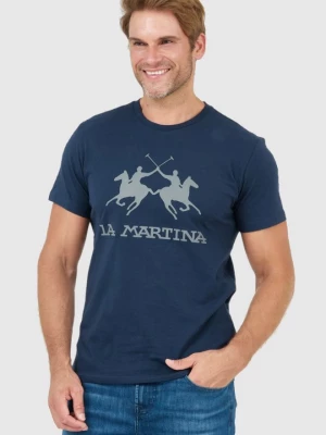 LA MARTINA Granatowy t-shirt męski z szarym logo