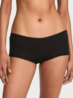 Lace Trim Majtki bawełniane szorty z koronką na krawędziach Lace-Trim Boyshort Victoria's Secret Czarny