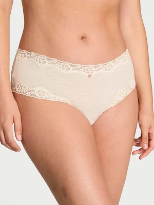 Lace Trim Majtki bawełniane z koronką na krawędziach Lace-Waist Cheeky Victoria's Secret Beżowy