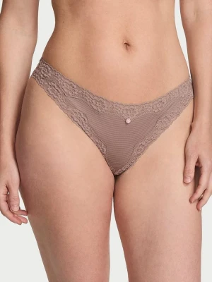 Lace Trim Stringi bawełniane w paseczki z koronką na krawędziach Victoria's Secret Brązowy
