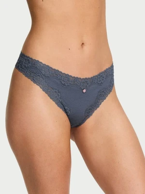 Lace Trim Stringi bawełniane w paseczki z koronką na krawędziach Victoria's Secret Niebieski