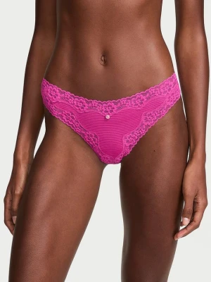 Lace Trim Stringi bawełniane w paseczki z koronką na krawędziach Victoria's Secret Różowy