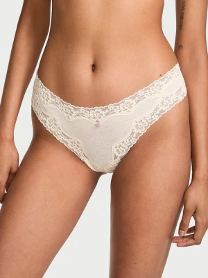 Lace Trim Stringi bawełniane z koronką Lace-Trim Victoria's Secret Beżowy