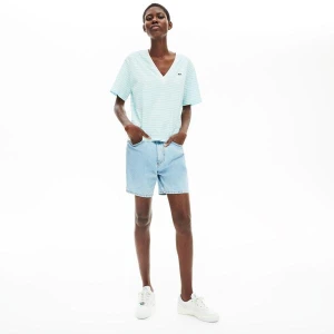 Lacoste Damska Bawełniany T-Shirt W Paski Z Dekoltem W Kształcie Litery V