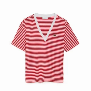 Lacoste Damska Bawełniany T-Shirt W Paski Z Dekoltem W Kształcie Litery V