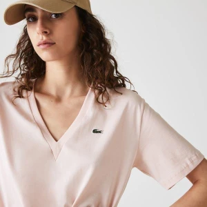 Lacoste Damski Bawełniany T-Shirt Wysokiej Jakości Z Dekoltem W Kształcie Litery